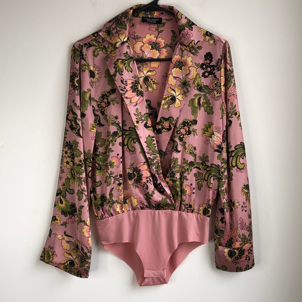 Zara Floral Pink Satin Wrap Bodysuit